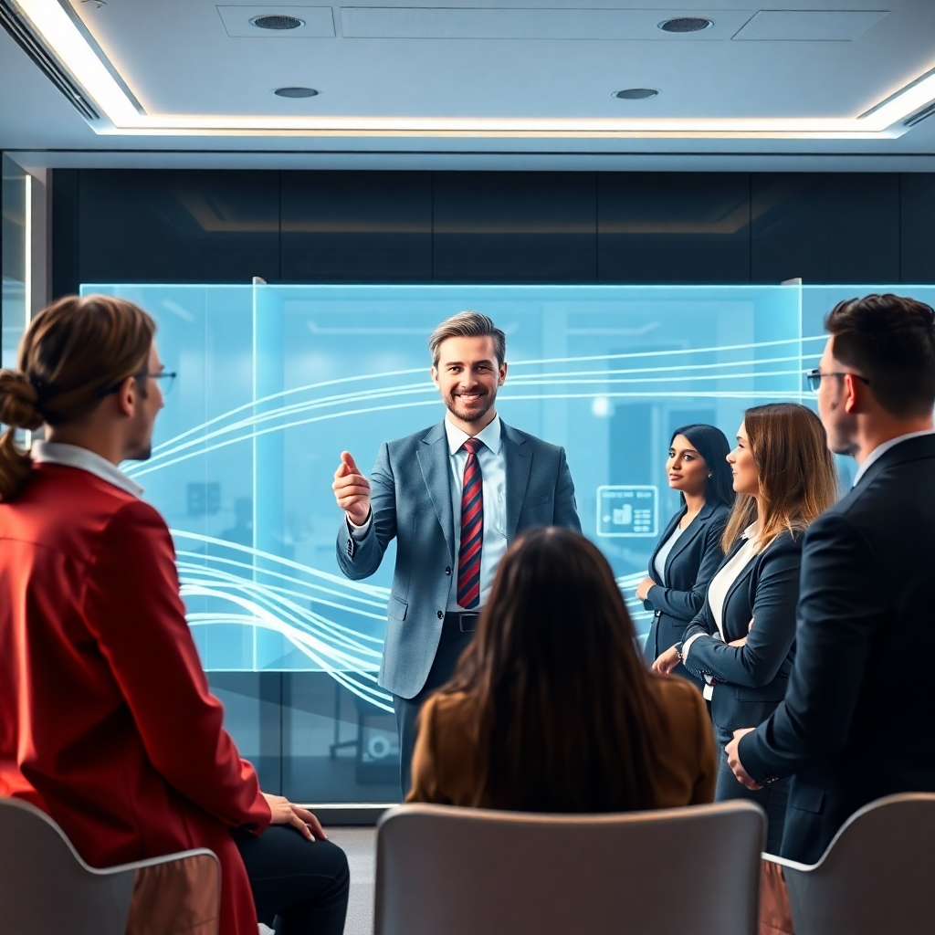 A photorealistic image of a modern, sleek office space with a holographic projection of a friendly, professional-looking avatar presenting a product to a group of diverse, engaged business people. The background should subtly feature futuristic elements, such as glowing lines and a transparent screen, while the focus remains on the interaction between the avatar and the audience. The lighting should be bright, and the overall mood should be one of innovation and progress.