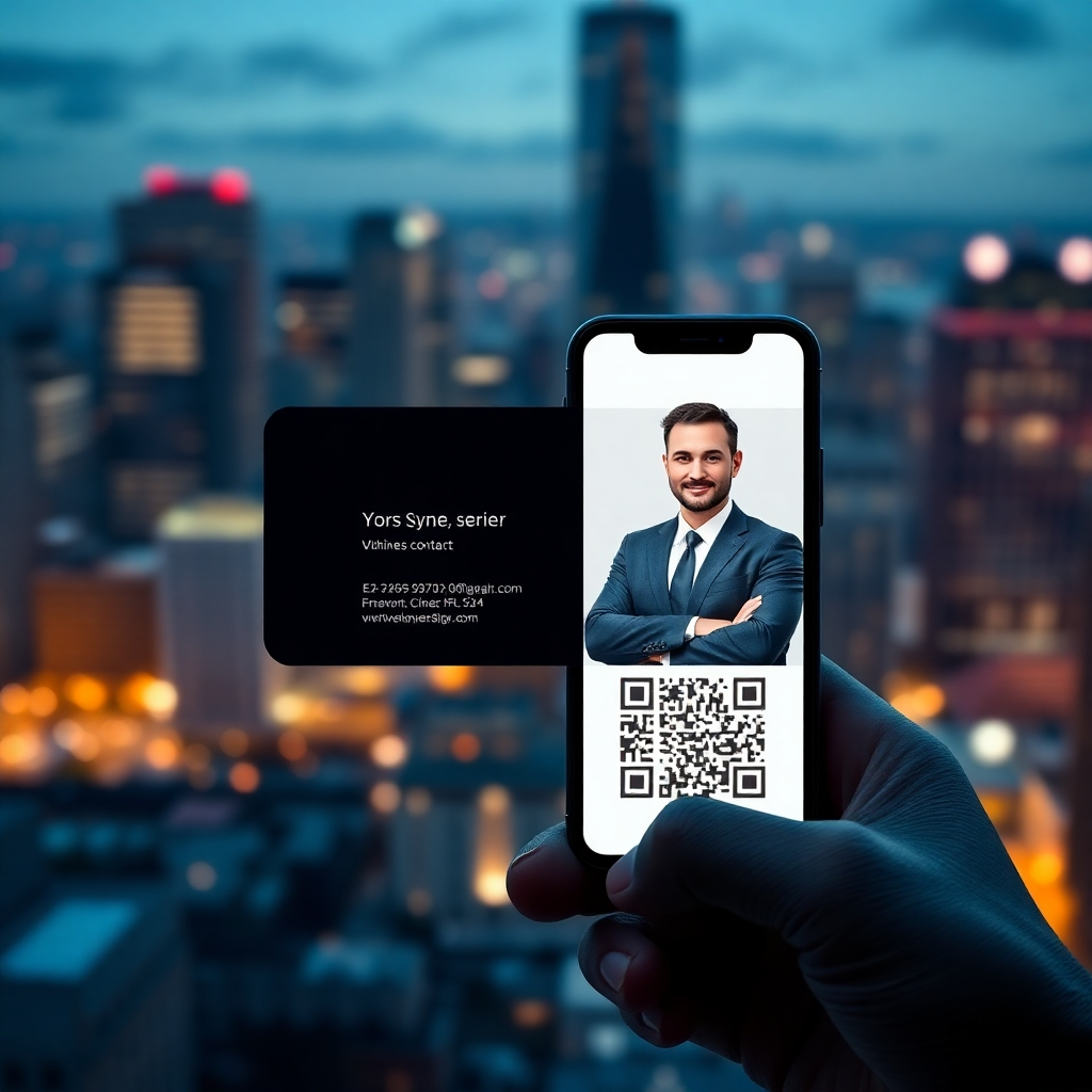 A photorealistic image of a modern, sleek digital business card displayed on a high-end smartphone screen.  The background should be a blurred image of a bustling city skyline at night, showcasing a feeling of ambition and success. The digital business card should feature a professional headshot of a confident businessperson, and clearly display their name, title, contact information, and a QR code linking to their online portfolio. The overall mood should be sophisticated and modern.