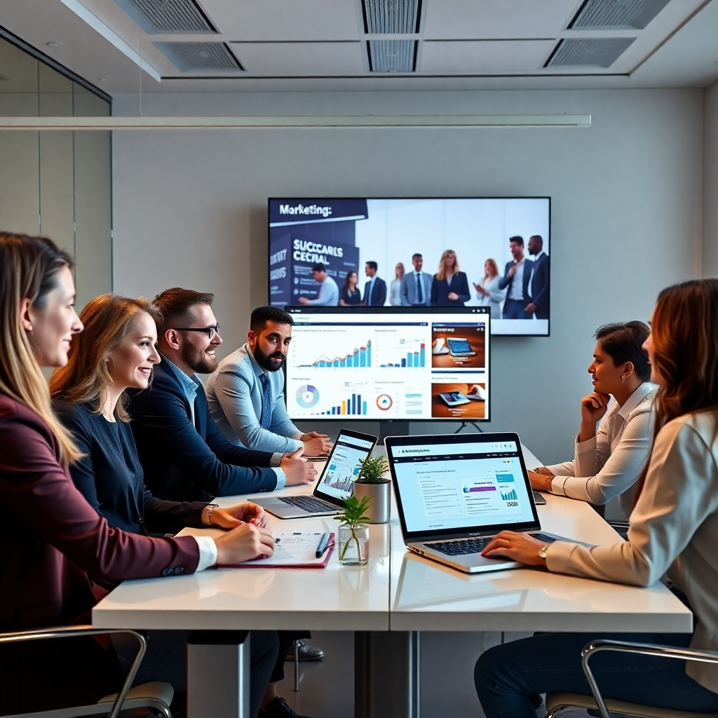 A photorealistic image of a modern office with a diverse team of marketing professionals collaborating around a table, laptop displays showing website analytics and social media dashboards, and a large screen displaying a successful marketing campaign. The overall mood should be one of positive collaboration and achievement. High resolution, sharp focus, and excellent lighting are crucial.
