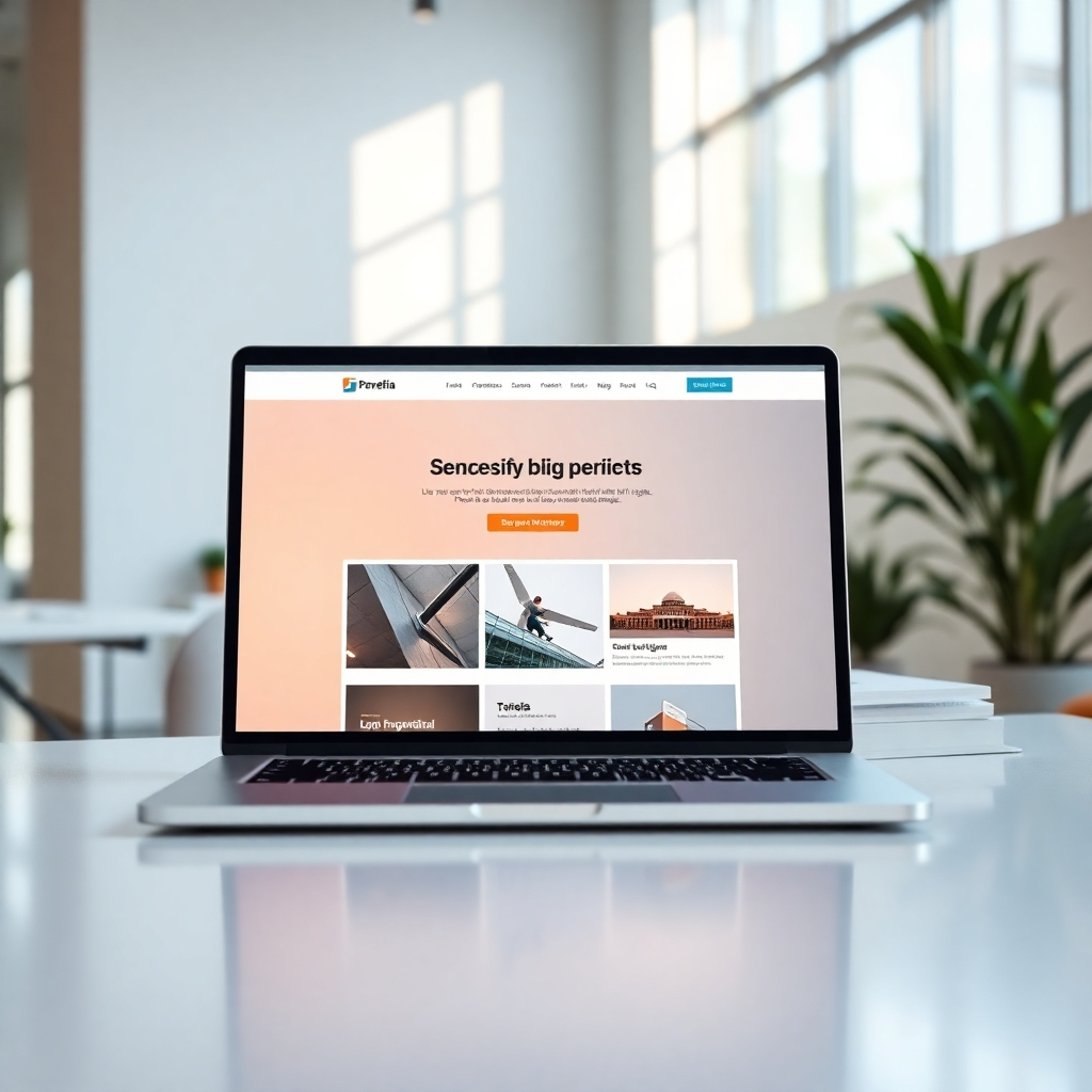 A photorealistic image of a modern, responsive website design on a high-end laptop screen. The website should showcase clean design, high-quality images, and easy navigation.  The background should be a minimalist, modern office setting with natural light. The overall mood should be professional and sophisticated.