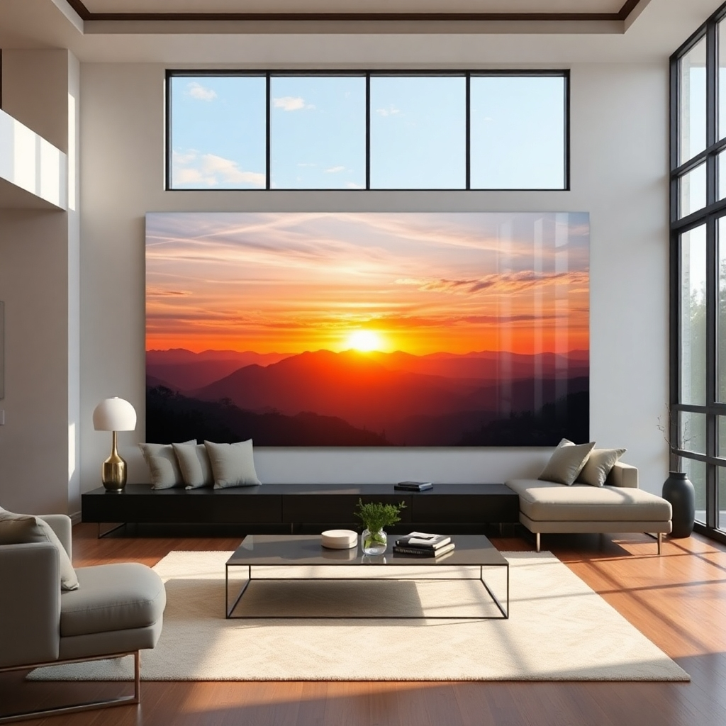A photorealistic image of a modern living room with a large, high-resolution UV-printed artwork depicting a breathtaking sunset over a serene mountain range. The artwork is mounted on a sleek, acrylic panel, reflecting light softly.  The room is tastefully decorated in neutral tones, with natural light streaming through large windows. The overall mood should be calming and peaceful.