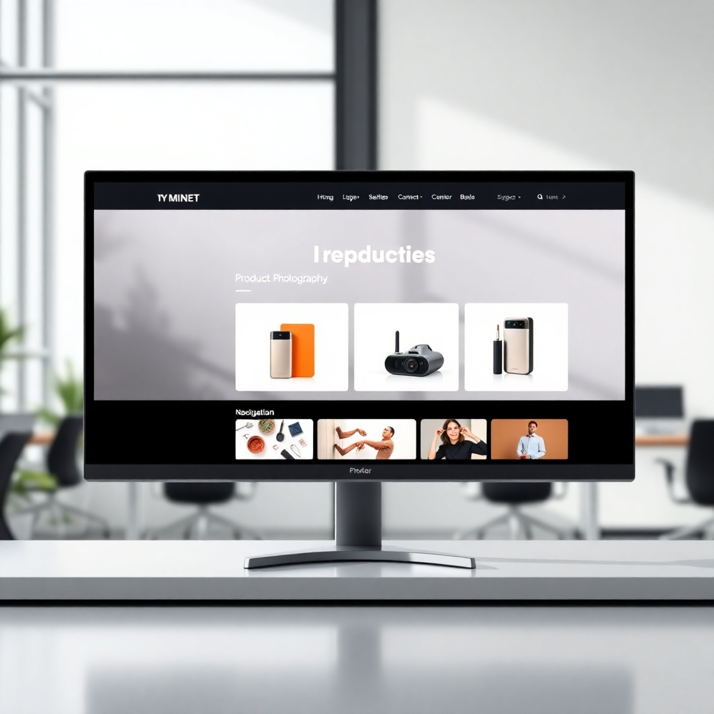 A photorealistic image of a modern, clean, and professional-looking website design on a high-resolution monitor.  The website should showcase high-quality product photography and easy navigation. The background should be a minimalist office setting with natural light. The overall feel should be sleek, sophisticated, and trustworthy.