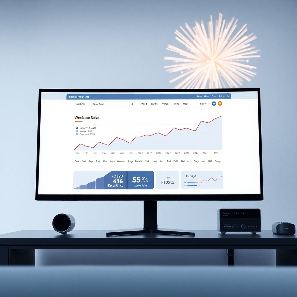 A photorealistic image of a modern, sleek website design on a large monitor, with graphs showing a sharp increase in sales, showcasing a clean, professional aesthetic.  The background should subtly feature New Year's elements like confetti or fireworks.