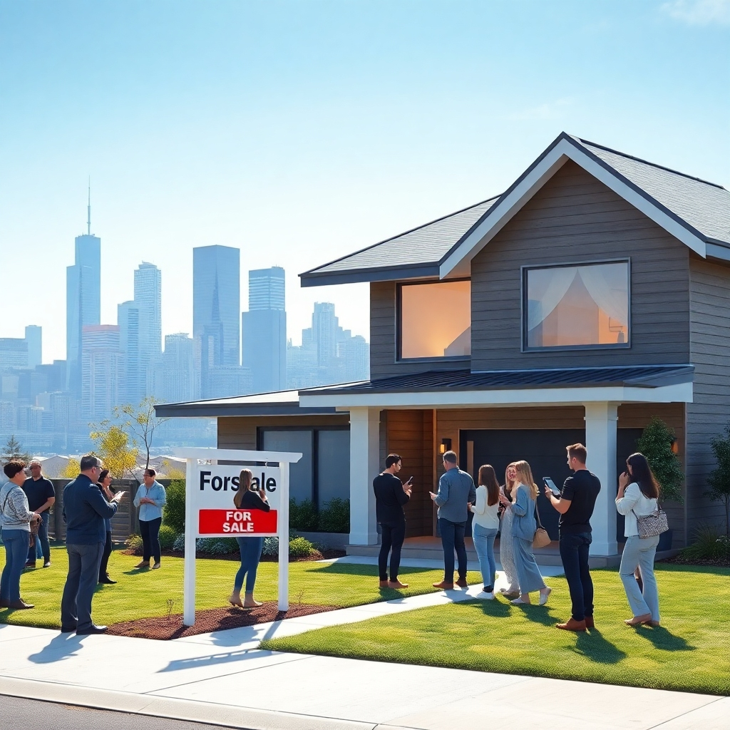 A photorealistic image of a modern house with a 'For Sale' sign in the front yard, with many people viewing the house on their phones and tablets. The background should show a vibrant city skyline. The image should be bright and inviting, emphasizing ease of access and wide reach.