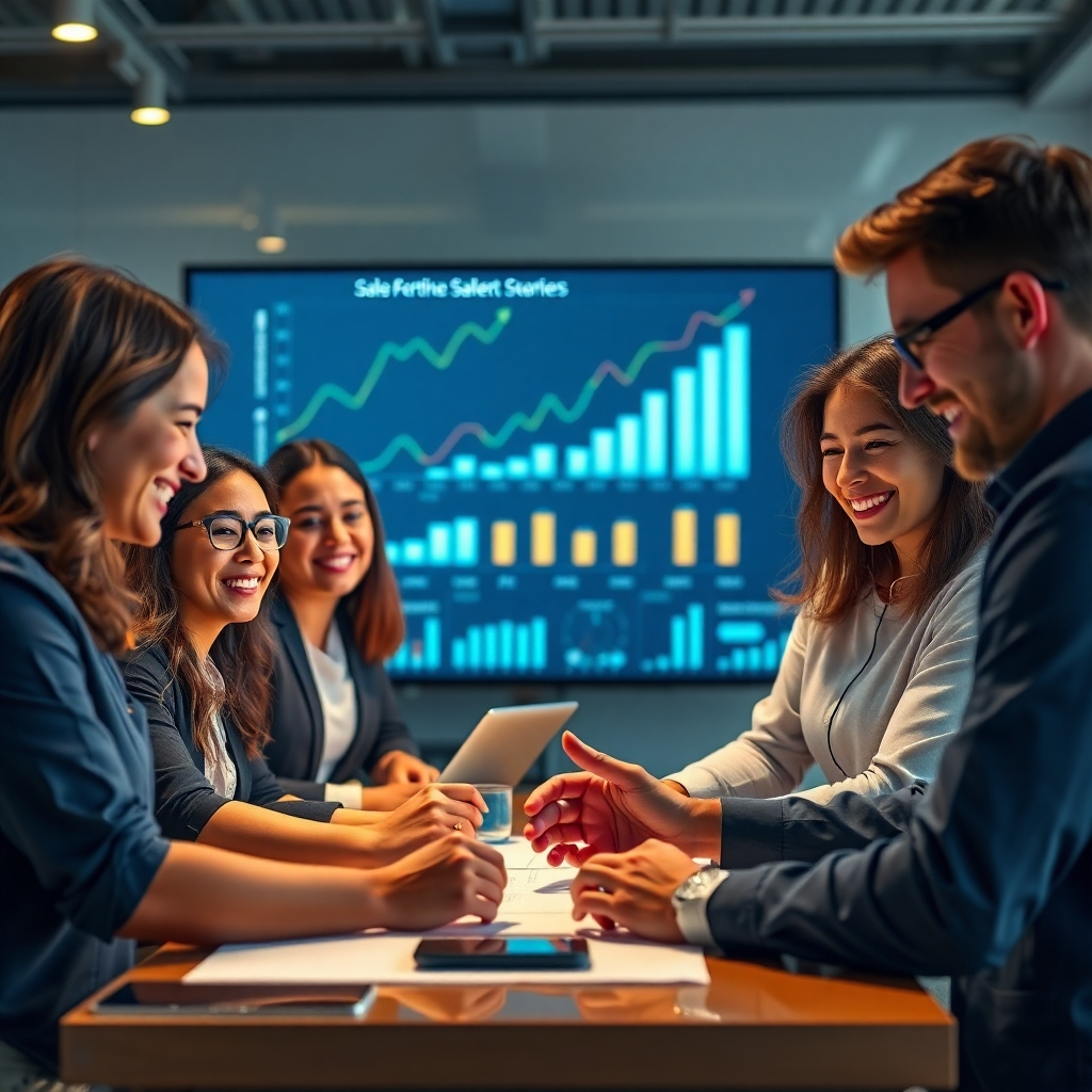 A photorealistic image of a modern business team collaborating on a project, with graphs and charts showing sales growth displayed on a screen in the background.  The team should look diverse and happy, reflecting success. The overall mood should be energetic and positive, showcasing a collaborative and innovative work environment.