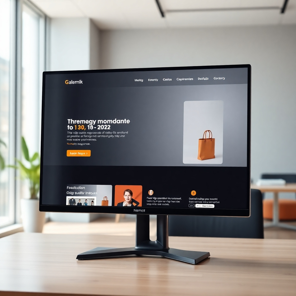 A photorealistic image of a modern and sleek corporate website displayed on a high-resolution monitor. The website should feature clean typography, high-quality product images, and a user-friendly interface. The background should be a minimalist office setting with natural light.
