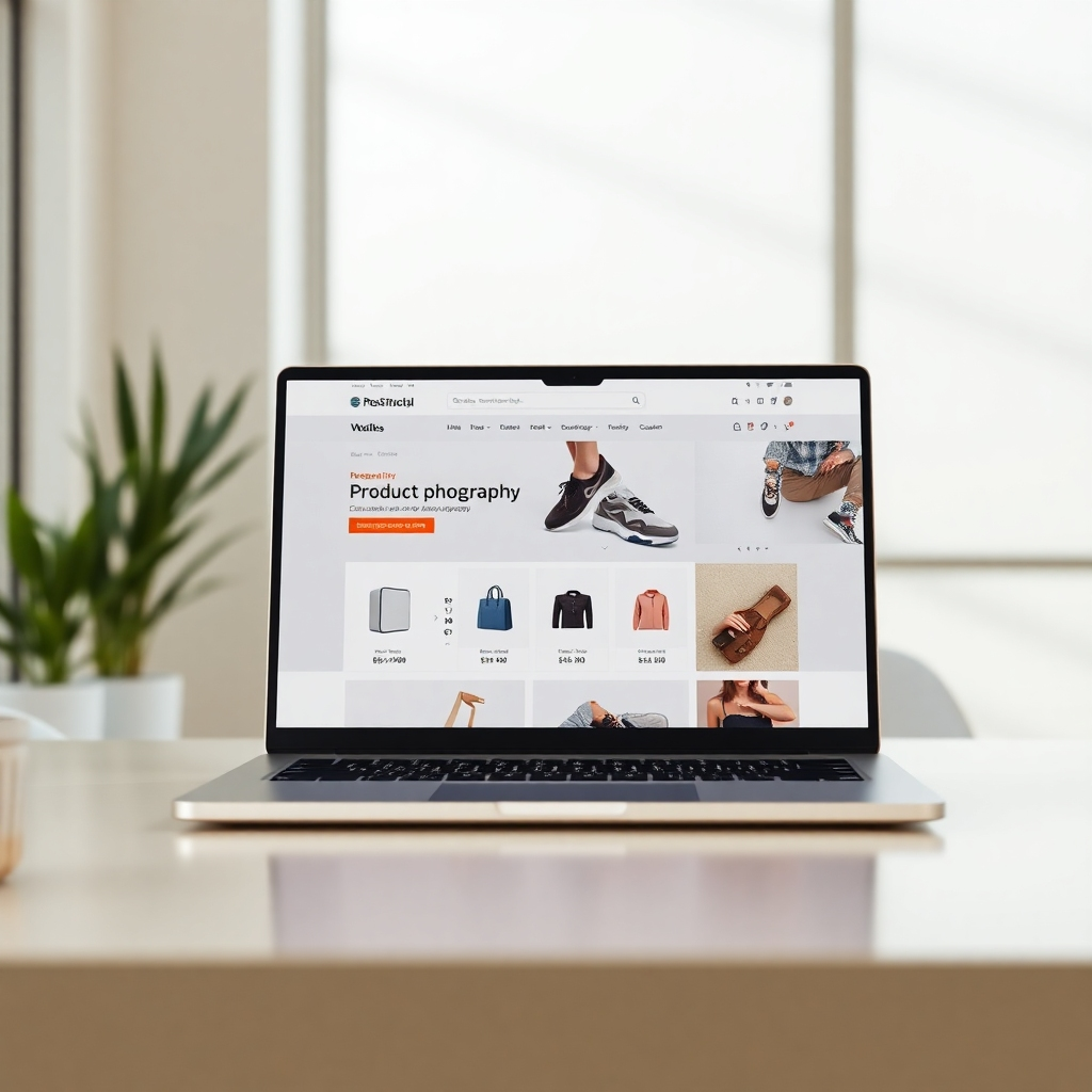 A photorealistic image of a modern, clean, and responsive e-commerce website on a laptop screen, showcasing high-quality product photography and seamless user interface.  The background should be a minimalist, bright office space with natural light. The overall feel should be professional and inviting.