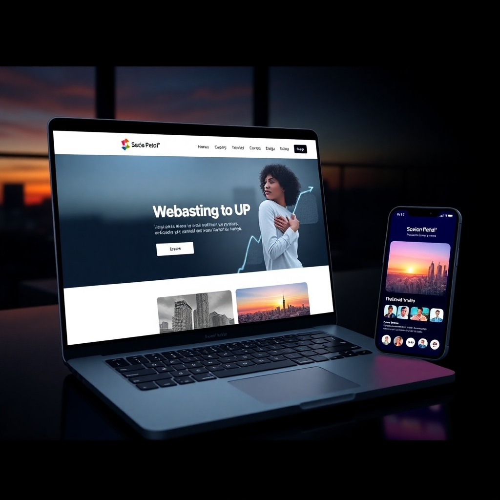 A photorealistic image of a modern, sleek website design on a laptop screen, next to a smartphone showing a vibrant social media feed.  The background should subtly include elements representing business growth and success, like an upward-trending graph or a cityscape at sunset. The overall mood should be one of professionalism, efficiency, and savings.