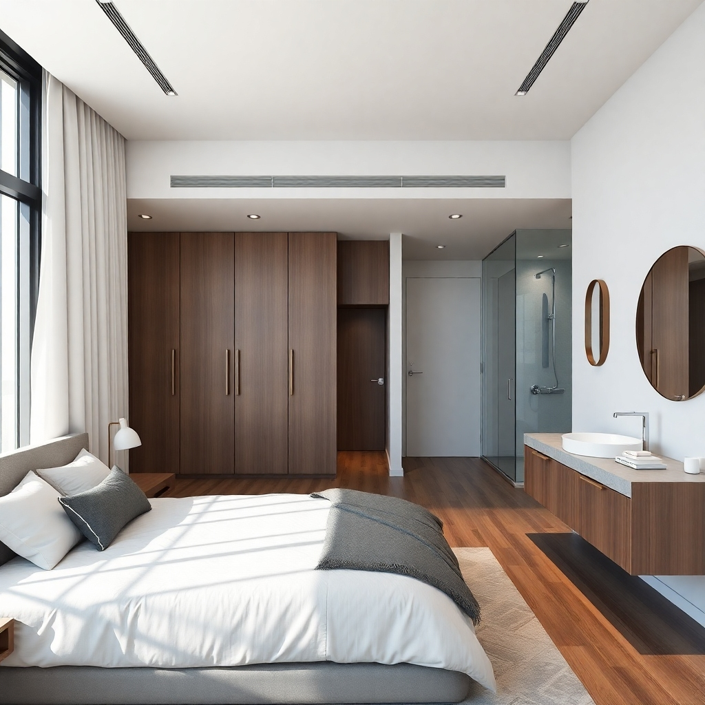 A photorealistic image of a modern and spacious condo bedroom and bathroom. The bedroom features a comfortable bed, stylish nightstands, and ample closet space. The bathroom is luxurious with a modern shower, vanity, and elegant fixtures.  The overall style is minimalist and chic. High resolution, 8k