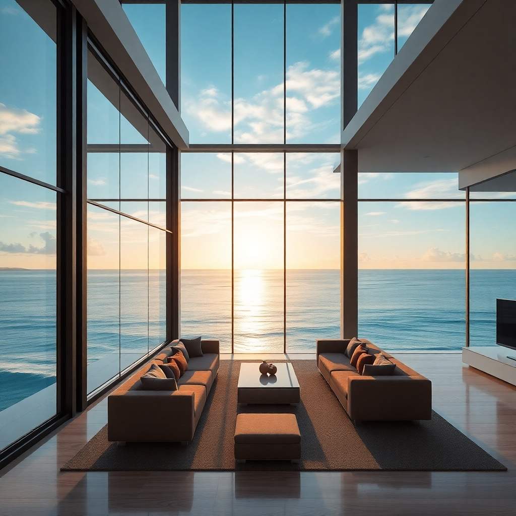 A photorealistic image of a modern, luxurious beachfront condo in Pattaya, Thailand.  The condo should have floor-to-ceiling windows showcasing a stunning ocean view, a large private balcony with comfortable seating, and a sleek, minimalist interior. The sun should be setting, casting a golden light on the scene.  High-resolution, detailed textures, and cinematic lighting are required.