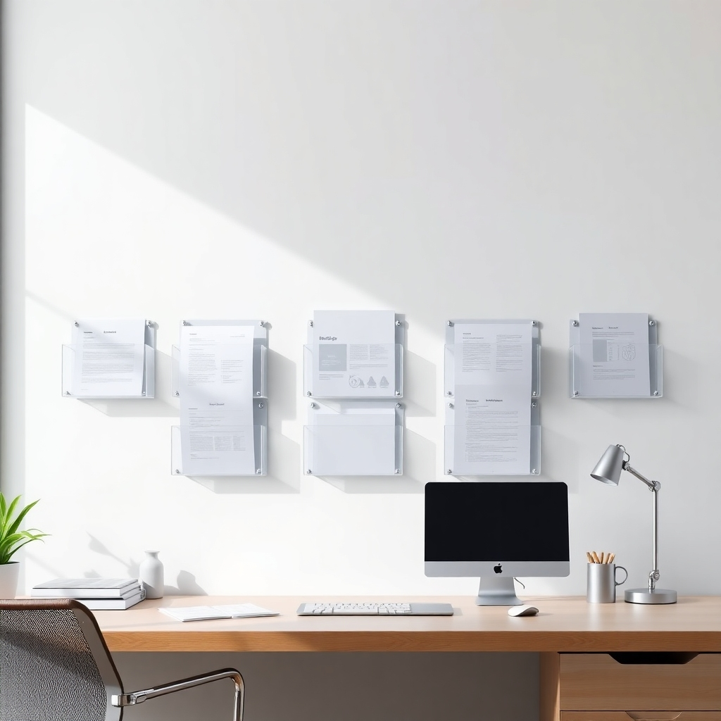 A photorealistic image of a modern office or home workspace with several transparent acrylic wall-mounted document holders neatly organized on a white wall.  The holders contain various documents, showcasing their transparency and allowing the contents to be visible. The overall aesthetic should be clean, minimalist, and stylish, with natural light illuminating the scene.
