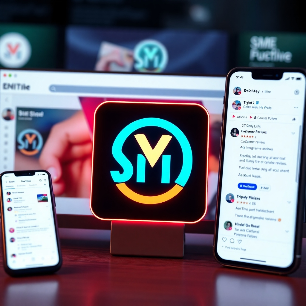  A photorealistic image of a modern, sleek SME business logo displayed prominently on various digital platforms like a website, social media feeds (Facebook, Instagram, TikTok), and a mobile app screen. The background should showcase positive customer reviews and high engagement metrics, emphasizing brand recognition and online presence.
