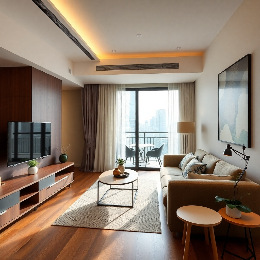 A photorealistic image of a modern and cozy 1-bedroom condo unit in Lumpini,  showing an efficiently designed living space. Highlight the functionality and spaciousness of the area, showcasing well-placed furniture, natural lighting, and a well-designed layout.  The style should be modern and clean.