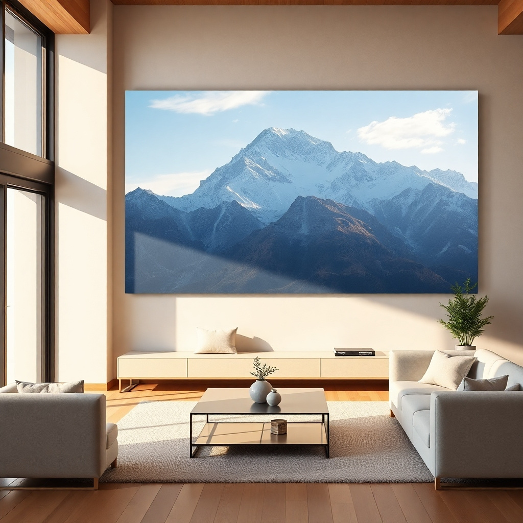 A photorealistic image of a modern living room with a large acrylic print of a majestic mountain range on the wall, bathed in warm sunlight. The room is decorated with minimalist furniture, creating a sense of calm and prosperity.  Focus on the detail and texture of the acrylic print, highlighting the sharp contrast and vibrancy of the mountain scene. The overall lighting should convey a sense of wealth and success.