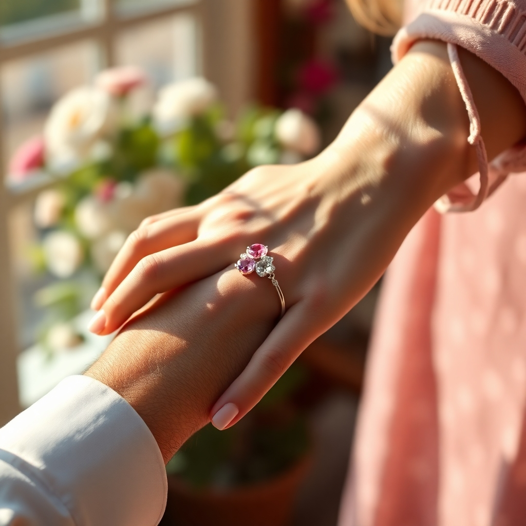 A photorealistic image of a pair of hands, a man's and a woman's, gently clasped together.  On the woman's wrist, there's a bracelet made of light pink and lavender gemstones. The background should be a soft, romantic setting, perhaps a sun-drenched garden or a cozy indoor scene. The image should evoke a feeling of warmth, love, and connection.
