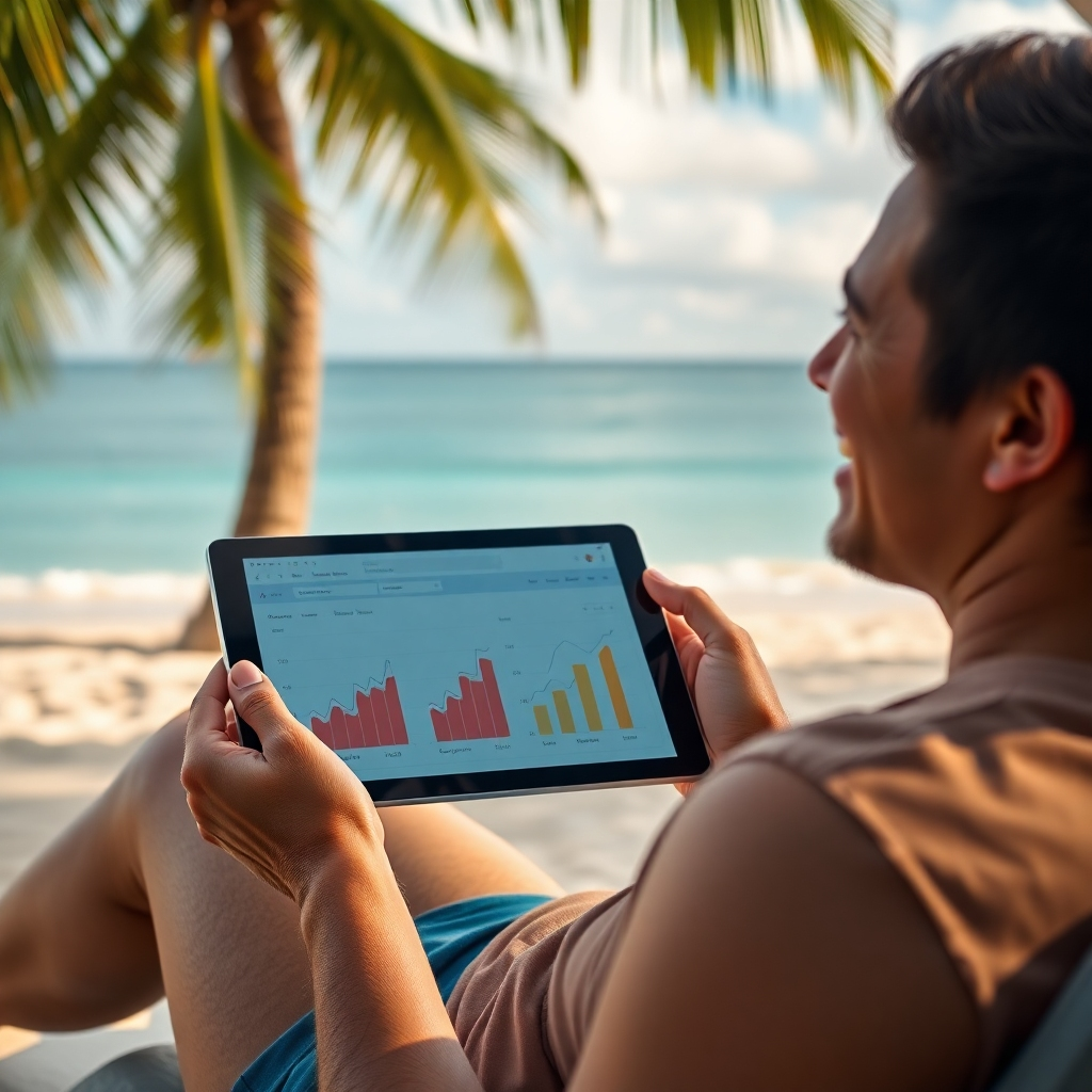 A photorealistic image of a person smiling and looking at a tablet displaying an e-commerce dashboard showing sales charts moving upwards, all while relaxing on a tropical beach.  The image should emphasize ease and effortless management. High resolution, detailed image.
