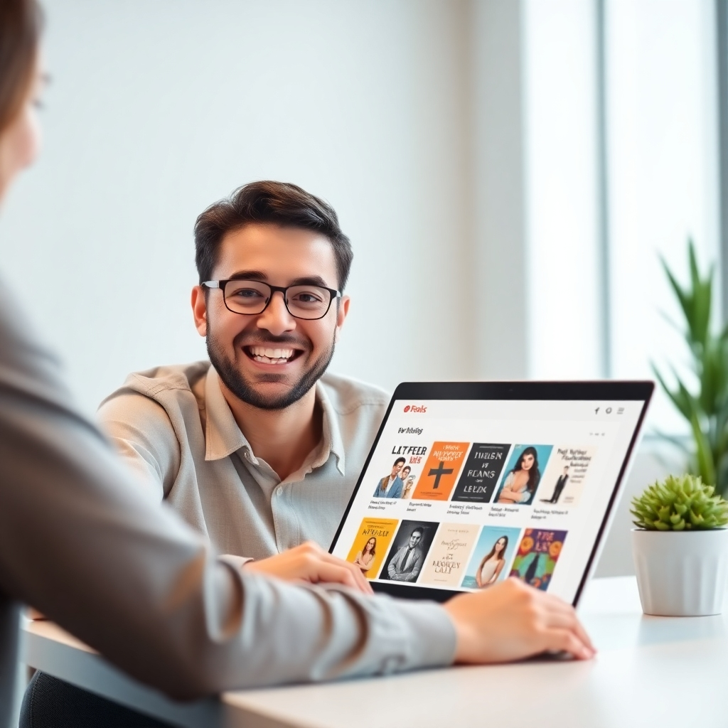 A photorealistic image of a person smiling and looking at a laptop screen showing a fully functional e-book store website. The background should be a modern, minimalist office setting. The laptop should be open and display a clean, user-friendly interface with various e-book covers visible.  The overall mood should be one of ease and success.