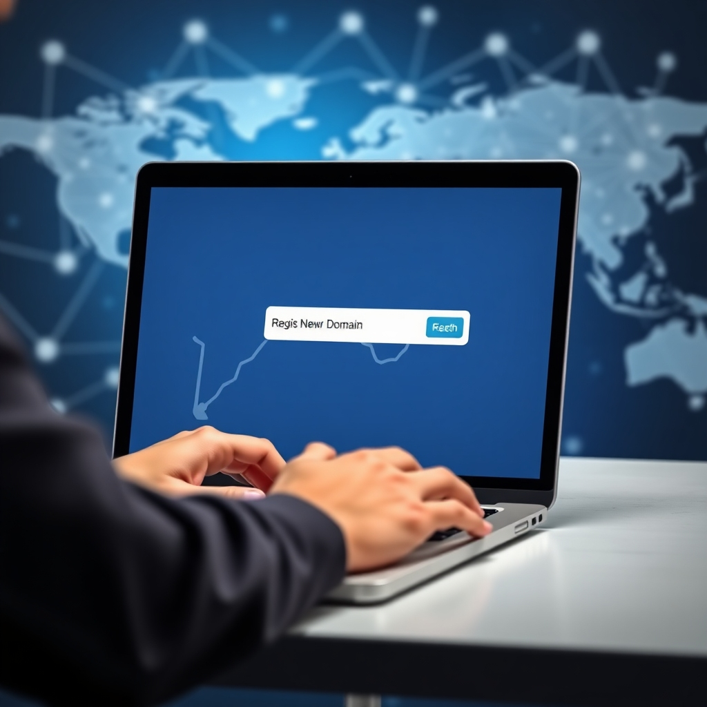 A photorealistic image of a person easily registering a domain name on a modern laptop. The background shows a stylized representation of a global network, emphasizing reach. The UI on the screen should be clean and intuitive. Lighting should be bright and inviting. This should convey the speed and simplicity of the process.