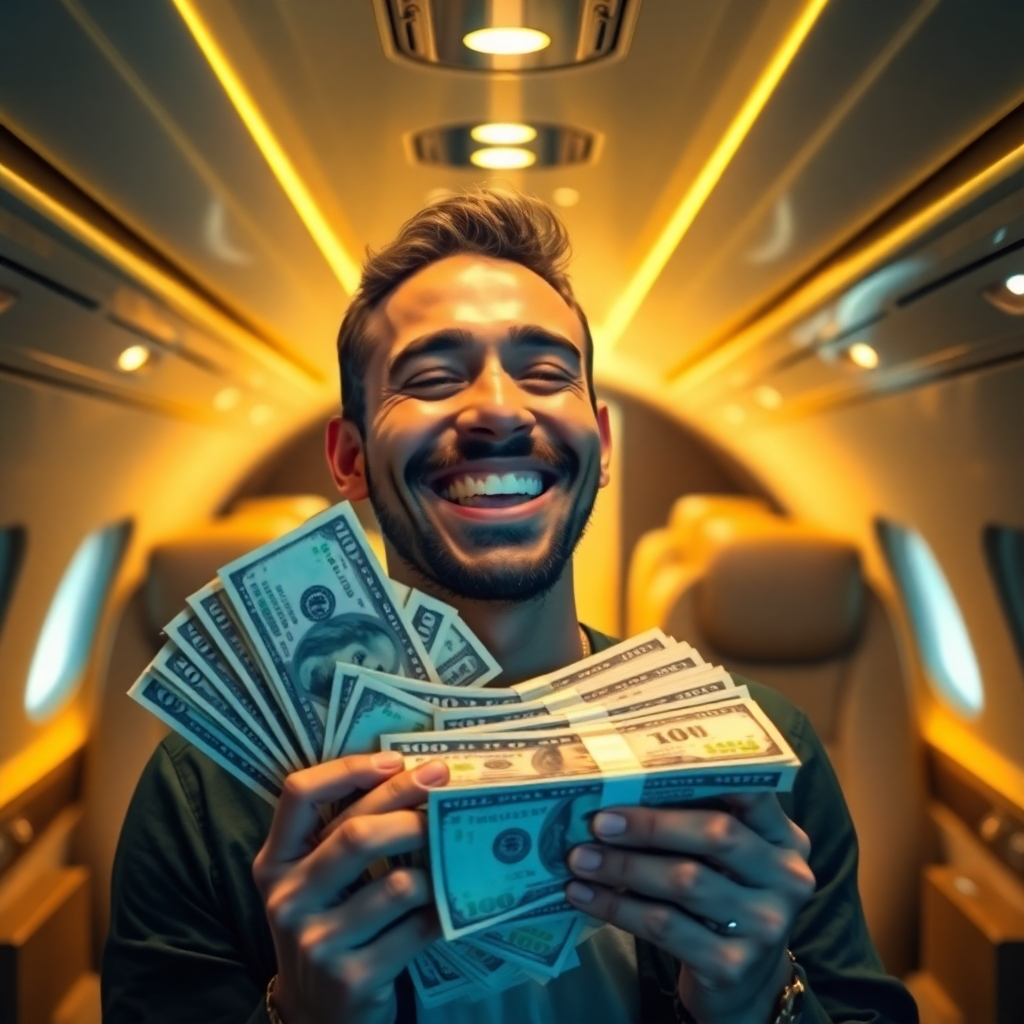 A photorealistic image of a person smiling broadly while holding a large stack of cash, with a golden light shining down on them, symbolizing financial abundance and prosperity. The background should be a luxurious setting, perhaps a private jet or a high-end casino.