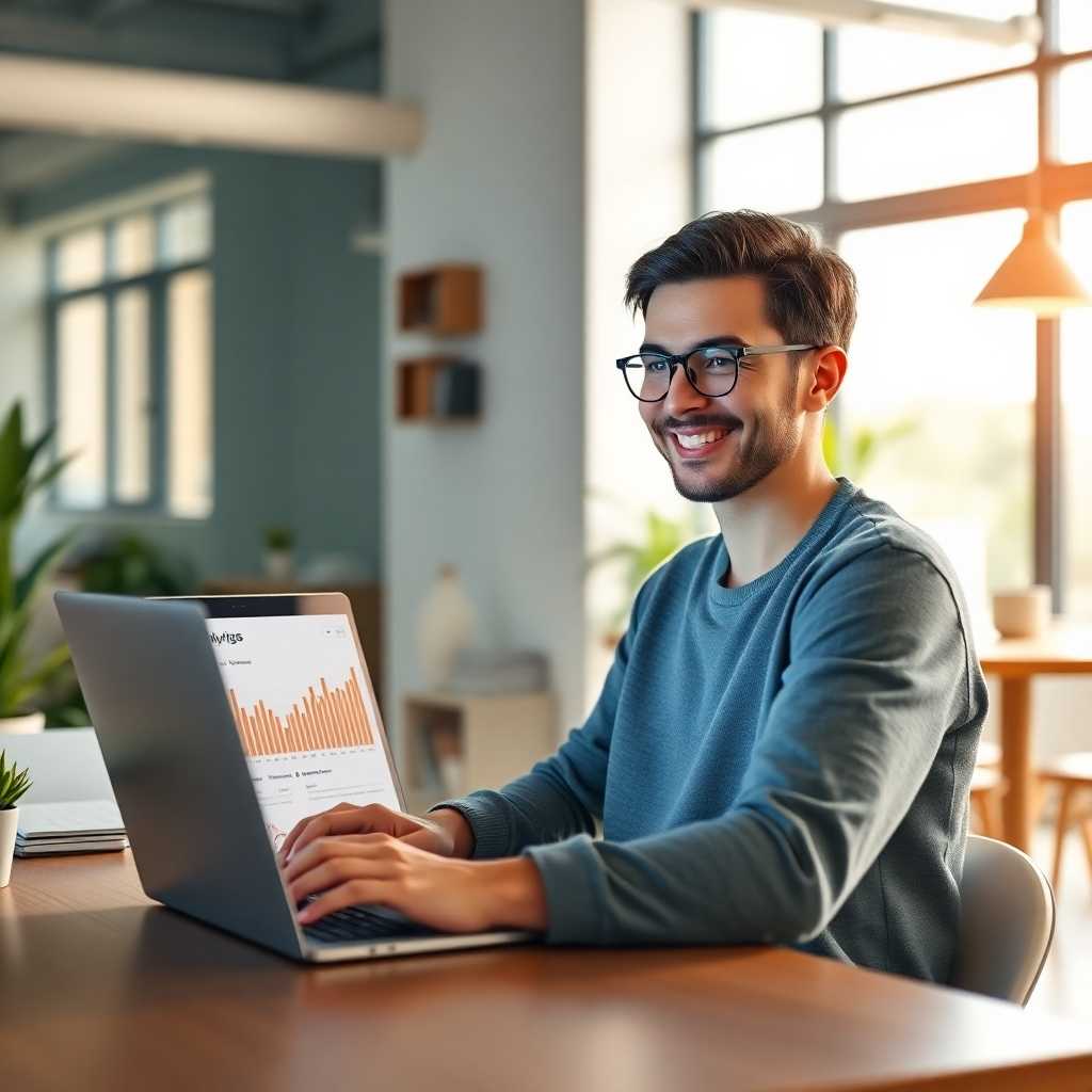 A photorealistic image of a person smiling and confidently looking at a laptop displaying analytics of a successful blog post or video.  The surrounding environment should be a bright and modern office or co-working space.  The image should feel positive and convey the sense of success through content marketing.