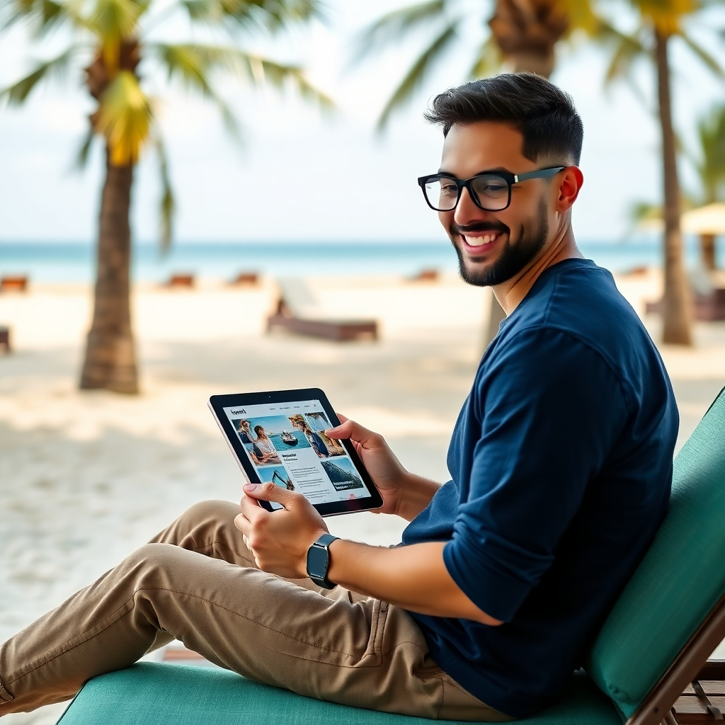 A photorealistic image of a person happily working on a tablet outdoors in a relaxing environment, such as a park or beach. The tablet displays a user-friendly website interface related to website sales. The overall mood should be relaxed and convenient.