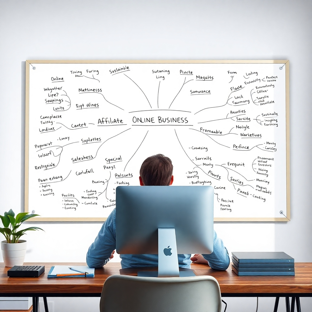 A photorealistic image of a person sitting at a computer, thoughtfully looking at a whiteboard covered in mind maps and keywords related to 'online business', 'affiliate marketing', and a specific niche, such as 'sustainable living' or 'vegan cooking'. The scene should be bright and airy, conveying a sense of planning and focus.  High-quality, detailed image.
