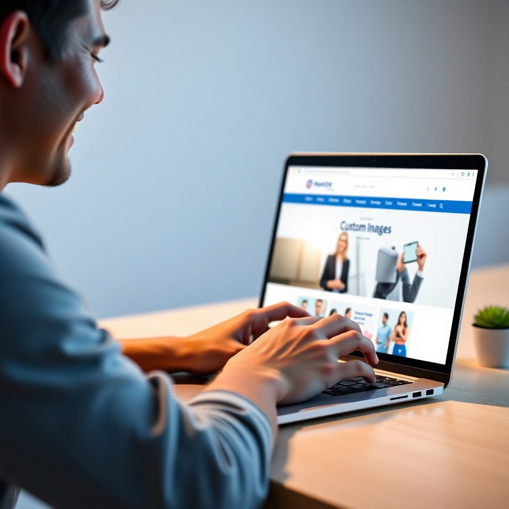 A photorealistic image of a person happily typing on a laptop. On the screen, a website's homepage is visible, showing a clean and modern design with the website's custom domain name prominently displayed at the top. The background could be a minimalist workspace with soft lighting.