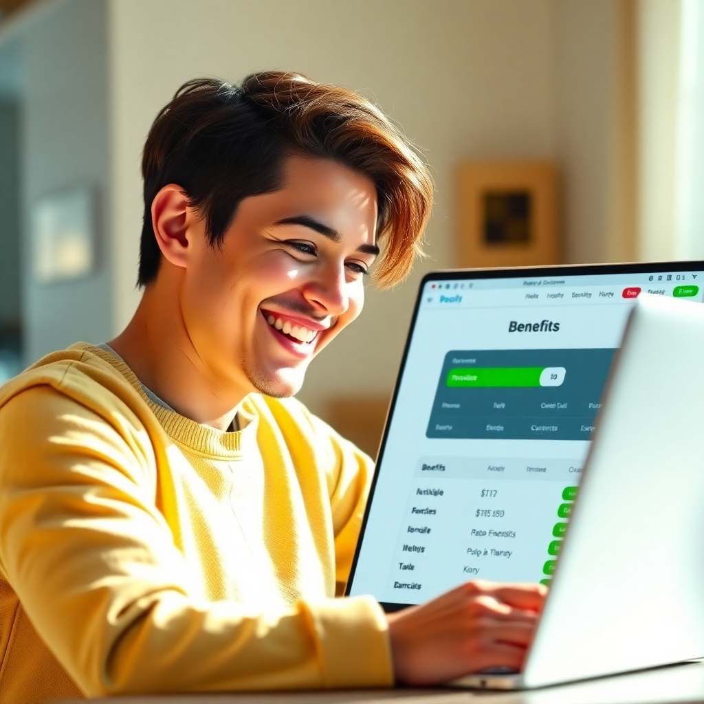 A photorealistic image of a person smiling and looking at their bank account, showing a positive balance, their laptop open to a website that clearly indicates income.  The image should show the financial benefits clearly and positively. The lighting should be bright and sunny, symbolizing prosperity. The color palette should include warm, inviting colors, focusing on gold and green to enhance prosperity. The camera angle should be a close-up, focusing on the expression of happiness and success. The relevant props should include a laptop showing financial success.  The technical specs are 4K resolution
