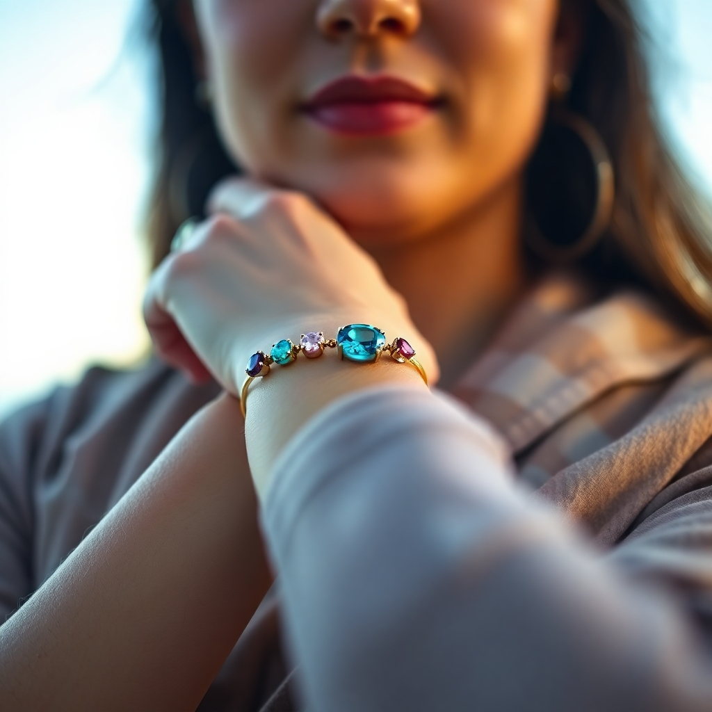 A photorealistic image of a person wearing a gemstone bracelet, with a soft, ethereal glow around them, creating a visually appealing sense of energy and positivity. The bracelet should be clearly visible, showcasing its beautiful stones and craftsmanship. The background should be slightly blurred, emphasizing the subject. The lighting should be soft and natural.  The camera angle should be at eye level, creating a personal connection. Style references could include lifestyle photography.  The color palette should be warm and calming. Technical specs: 4K resolution, photorealistic style.