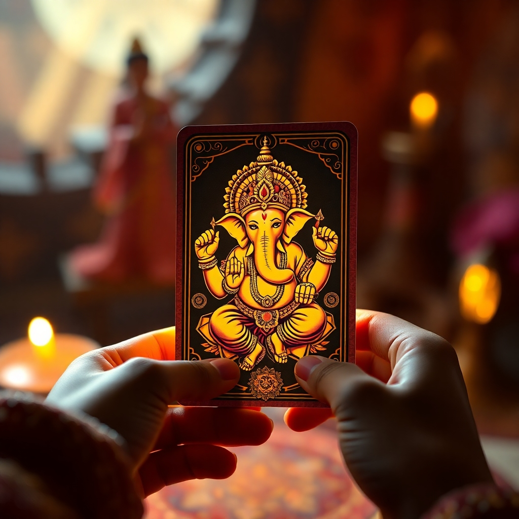 A photorealistic image of a person's hands carefully holding and examining a beautiful, intricately designed Lord Ganesha oracle card. The card should be brightly lit, showcasing rich colors and details. The background should be a softly blurred, mystical scene with warm, inviting colors, possibly featuring elements from Hindu mythology. The overall mood should be one of serenity and insightful understanding.