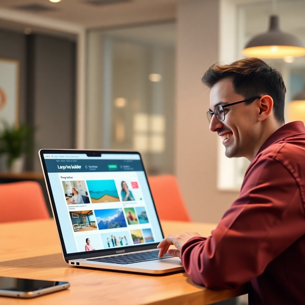 A photorealistic image of a person smiling and looking at a laptop screen showing a beautiful website builder interface with drag-and-drop elements and AI-powered design suggestions.  The background should be a bright, modern office setting. The overall mood should be positive and efficient.