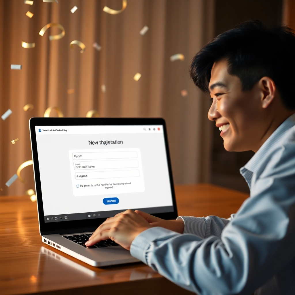 A photorealistic image of a person smiling and easily navigating a clean, modern website registration form on a laptop, with a celebratory confetti animation subtly in the background. The website should be in Thai language. The overall mood is positive and effortless.
