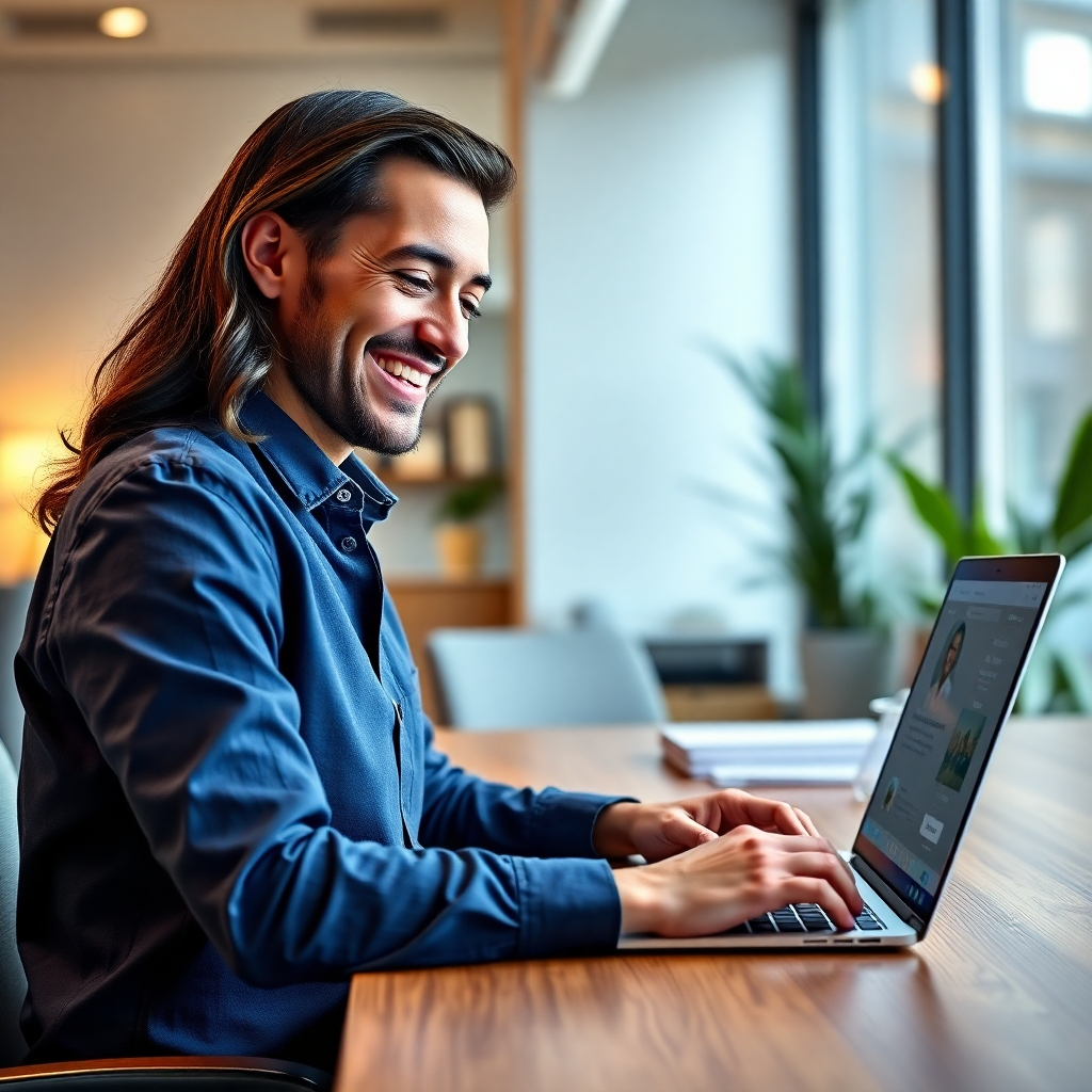 A photorealistic image of a person smiling and easily navigating a clean, intuitive website interface on a laptop, with clear steps and buttons to post a house for sale, showcasing ease of use.  The background should be a modern, bright office setting.