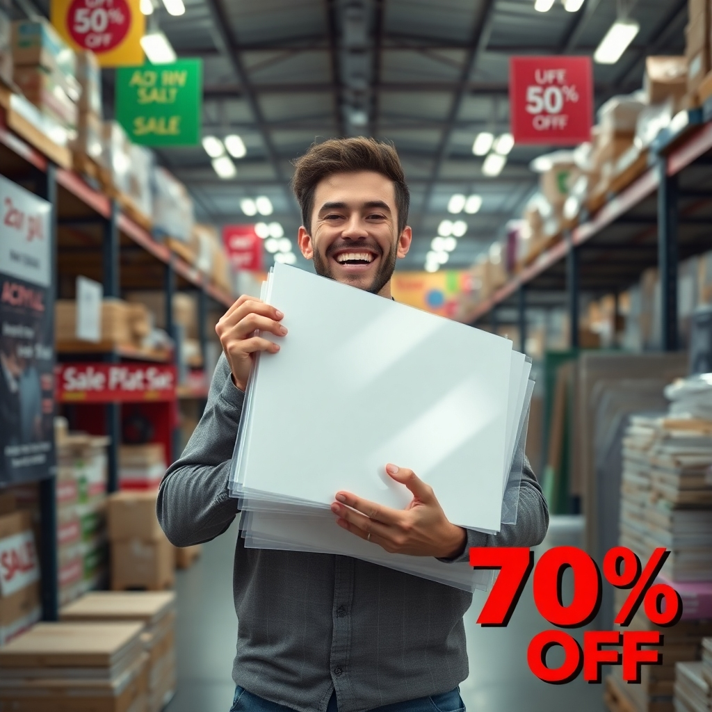 A photorealistic image of a variety of acrylic products, such as sheets, tubes, and containers, with large, clearly visible price tags showing significant discounts (e.g., 70% off).  The background should be a clean, brightly lit store setting.  The image should convey a sense of urgency and excitement.