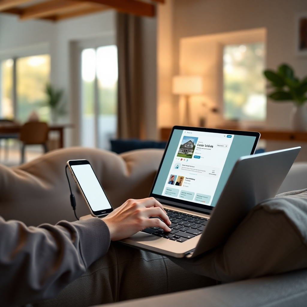A photorealistic image of a person sitting comfortably on a sofa using a laptop or smartphone to easily post a house listing. The interface should be clean, intuitive, and user-friendly. The image should evoke feelings of convenience and efficiency.