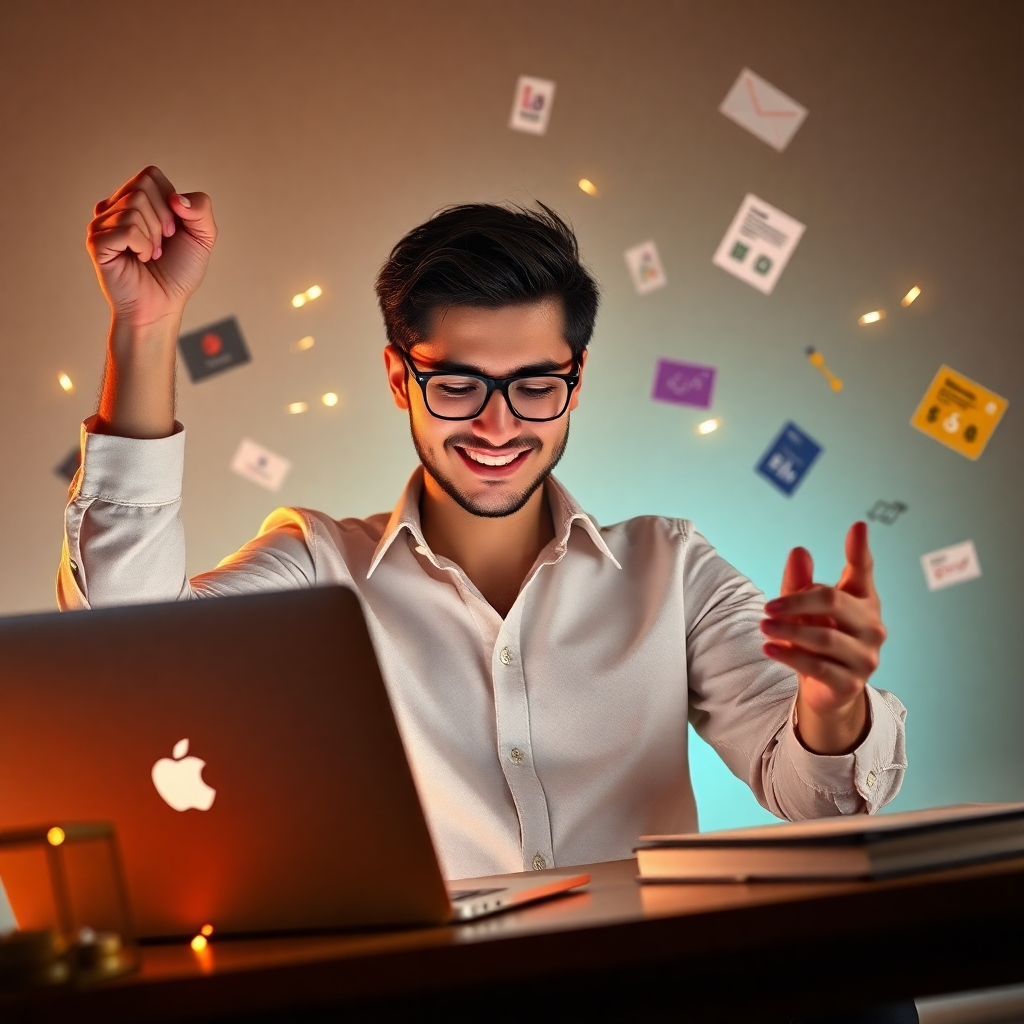 A photorealistic image of a person celebrating their success in making money from blogging.  The image could show them looking at their laptop, which displays positive financial data or payment confirmations. Surrounding the person could be visual elements representing various monetization methods, like ad banners, affiliate links, and product showcases.