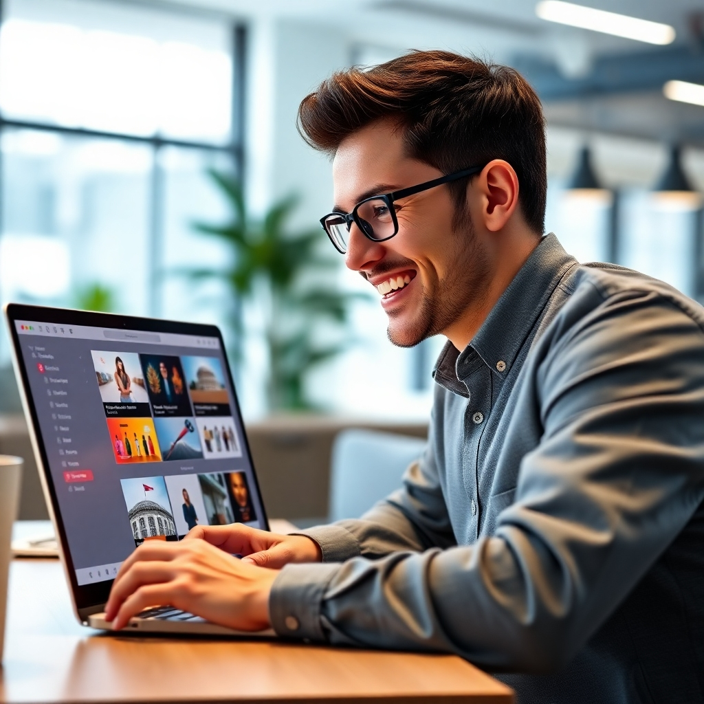 A photorealistic image of a person smiling and looking at a laptop screen showing a user-friendly website builder interface with drag-and-drop elements, templates, and various customization options. The background should be a bright and modern office space.