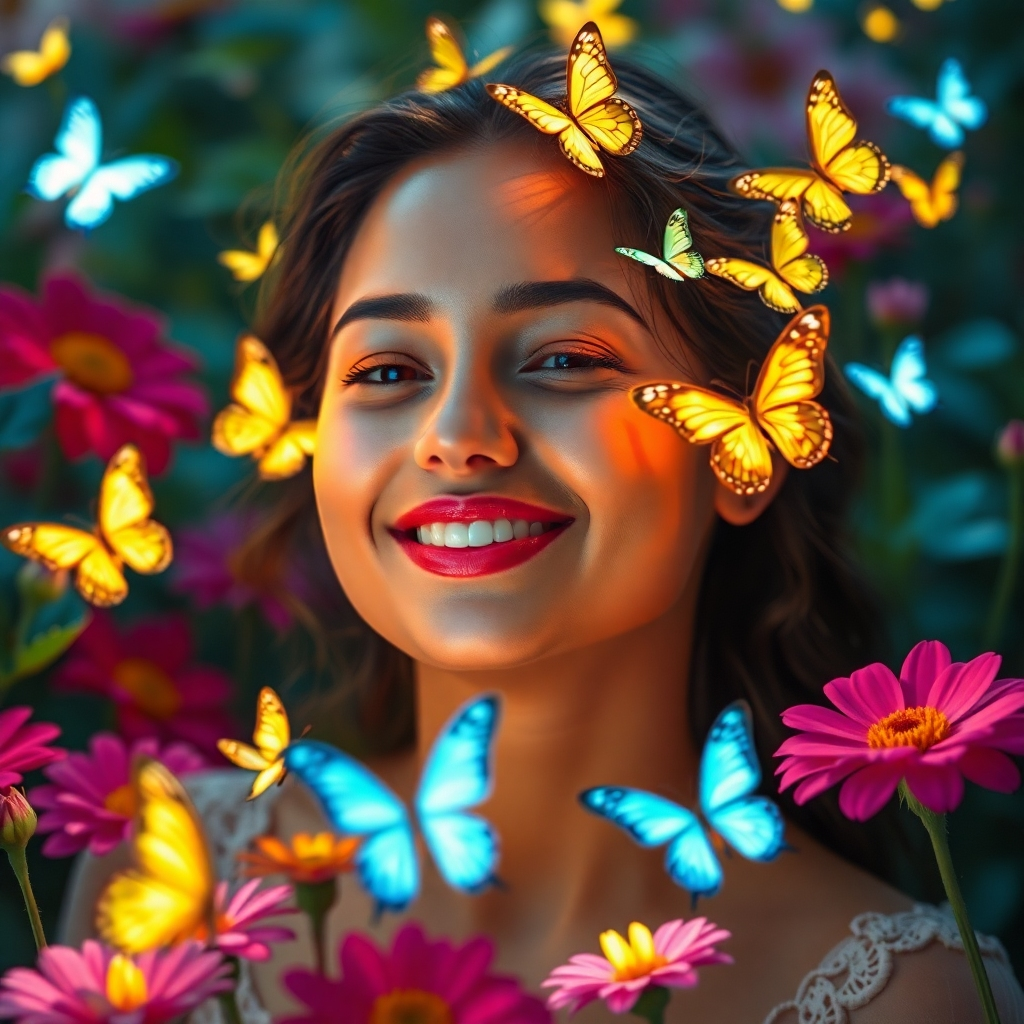 A photorealistic image of a person smiling serenely, surrounded by glowing butterflies and flowers in a vibrant garden.  Soft light illuminates the scene, highlighting the person's radiant beauty and peaceful aura.  The image should evoke feelings of charm, attraction, and positive energy.