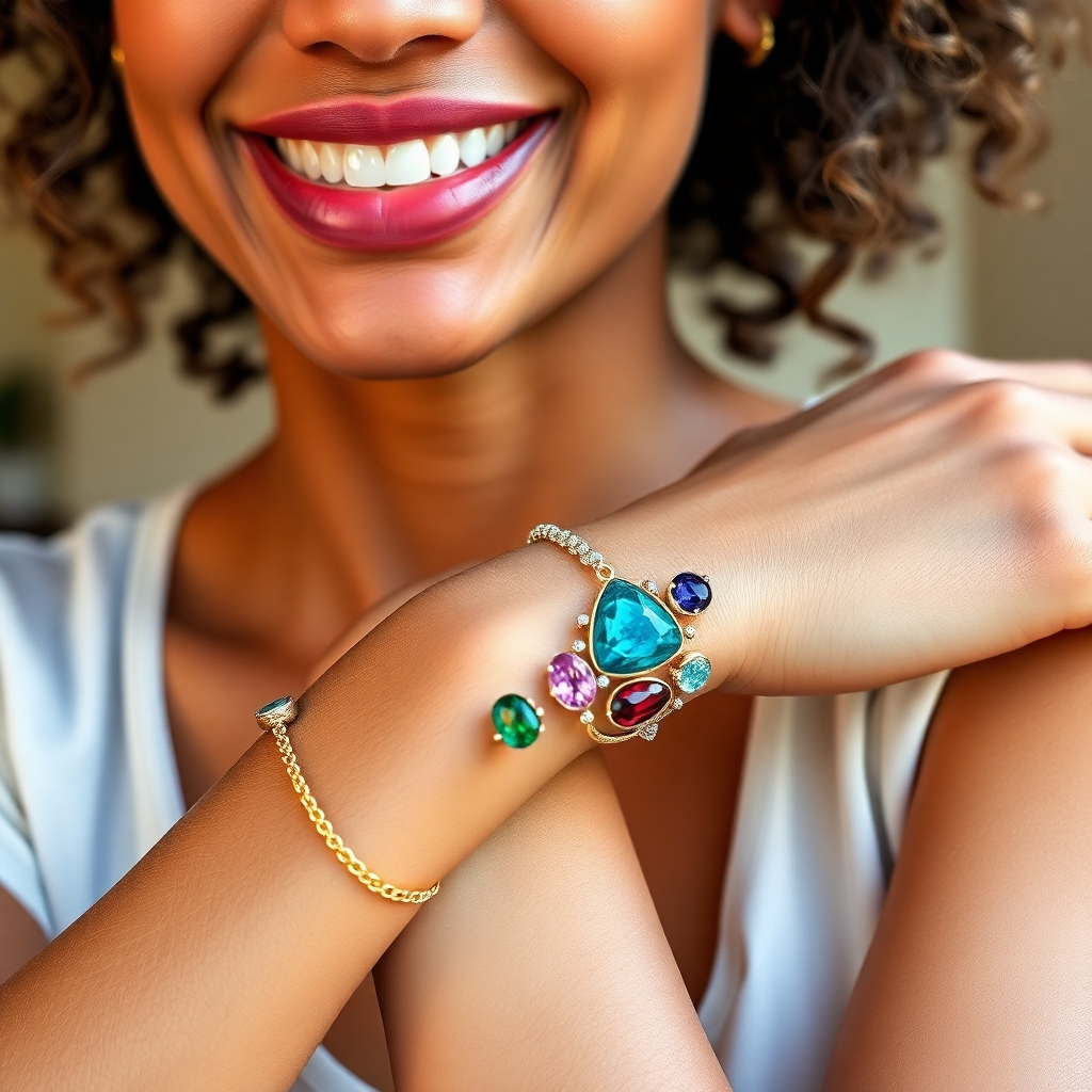 A photorealistic image of a person wearing a custom-designed gemstone bracelet, looking happy, healthy and energized.  The lighting should be natural.  The camera angle should be natural, friendly, and relaxed. The style should be positive and uplifting. The color palette should be bright and cheerful. Technical specs: 4K resolution, photorealistic style.