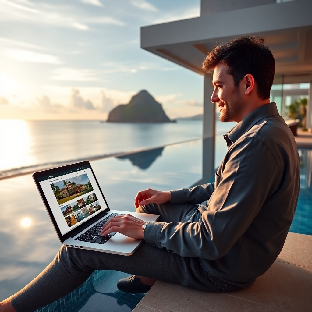 A photorealistic image of a person working on a laptop, sitting by a beautiful infinity pool overlooking the ocean in Pattaya.  The person appears relaxed and content, surrounded by luxury and beautiful scenery. The laptop screen shows a real estate listing website. The overall mood is one of ease and success.