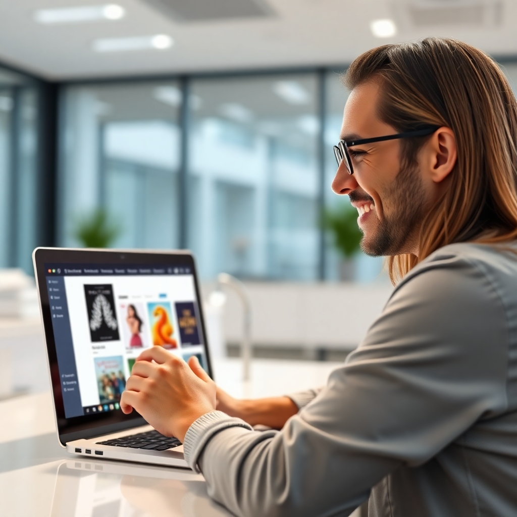A photorealistic image of a person smiling and looking at a laptop screen showing a sleek, modern e-book store website. The background should be a bright, minimalist office space. The laptop should be open to a page displaying a diverse collection of e-book covers. The overall mood should be one of ease and accomplishment.