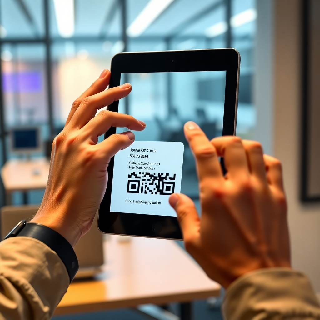 A photorealistic image of a person effortlessly scanning a QR code on a digital business card displayed on a tablet screen.  The background should be a modern office environment.  The image should highlight the ease and speed of accessing contact information.