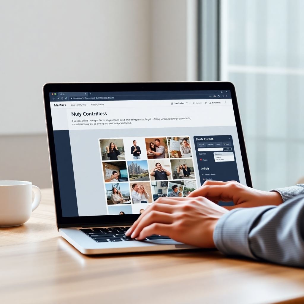 A photorealistic image of a person using a laptop to easily manage and update their corporate website's content through a simple, intuitive Content Management System (CMS). Show a clean and modern interface with clear visual cues.
