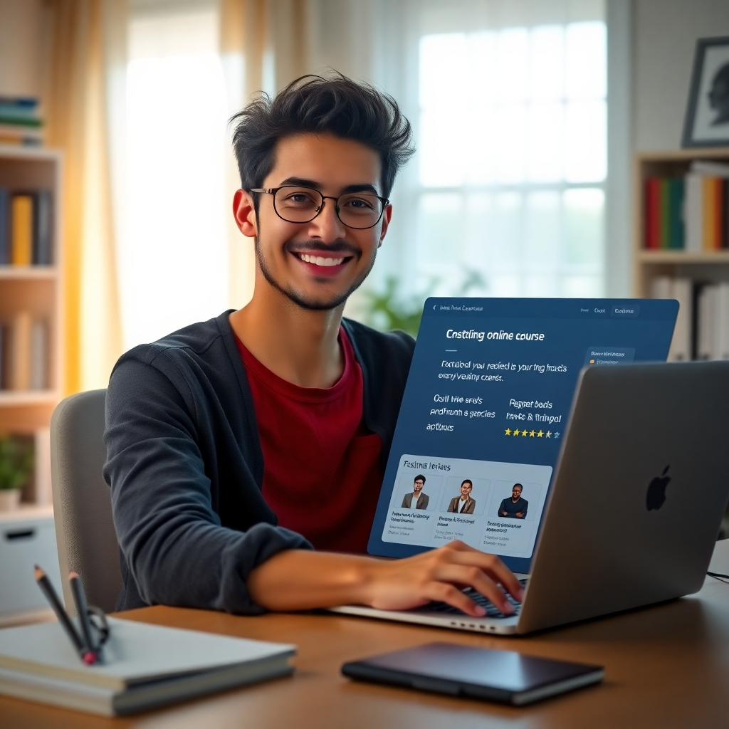 A photorealistic image of a person smiling and confidently looking at the camera while sitting at their home office desk in front of a laptop, showcasing an online course platform interface with student testimonials and positive reviews. The room should be brightly lit and organized, with educational books and materials subtly in the background.