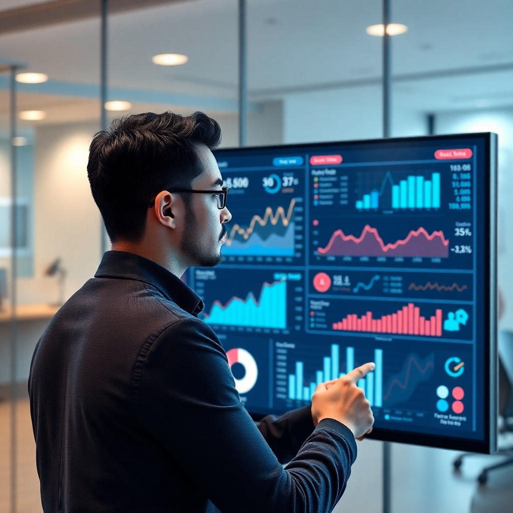 A photorealistic image of a person using a large, interactive touchscreen display showing various graphs and charts representing website traffic, conversion rates, and social media engagement.  The display should be modern and sleek.  The person should be looking thoughtfully at the screen, appearing confident and in control. The background should be a clean, minimalist office space with subtle hints of technology.