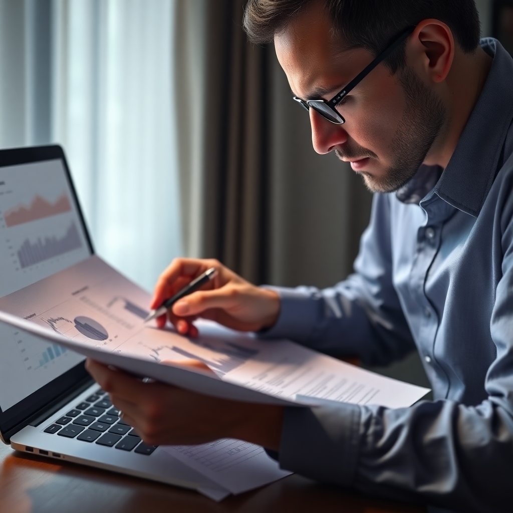 A photorealistic image of a person meticulously reviewing property documents, with a laptop displaying financial data and charts in the background.  The overall mood should be serious and professional, emphasizing the importance of detailed research and analysis. Include subtle visual cues suggesting thoughtful consideration and financial responsibility.
