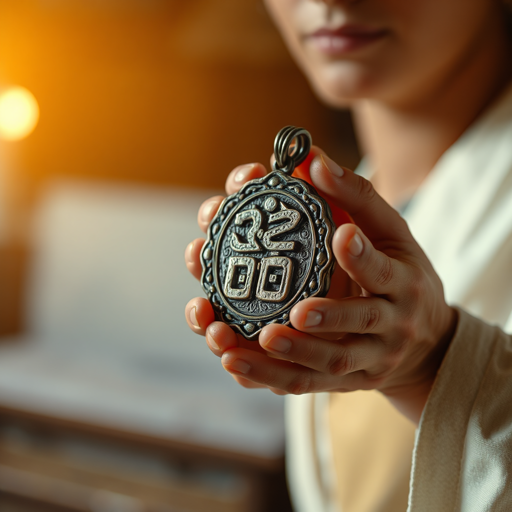 A photorealistic image of a person's hands reverently holding a beautifully crafted "อักขระมันตรา" amulet. Soft, warm light bathes the scene, highlighting the intricate details of the amulet. The background is blurred, suggesting a sacred space. The overall mood is one of peace and devotion. Focus on the textures of the amulet and the expression of reverence on the person's hands. The lighting should be soft and diffused. Camera angle: close-up, focusing on the hands and the amulet.