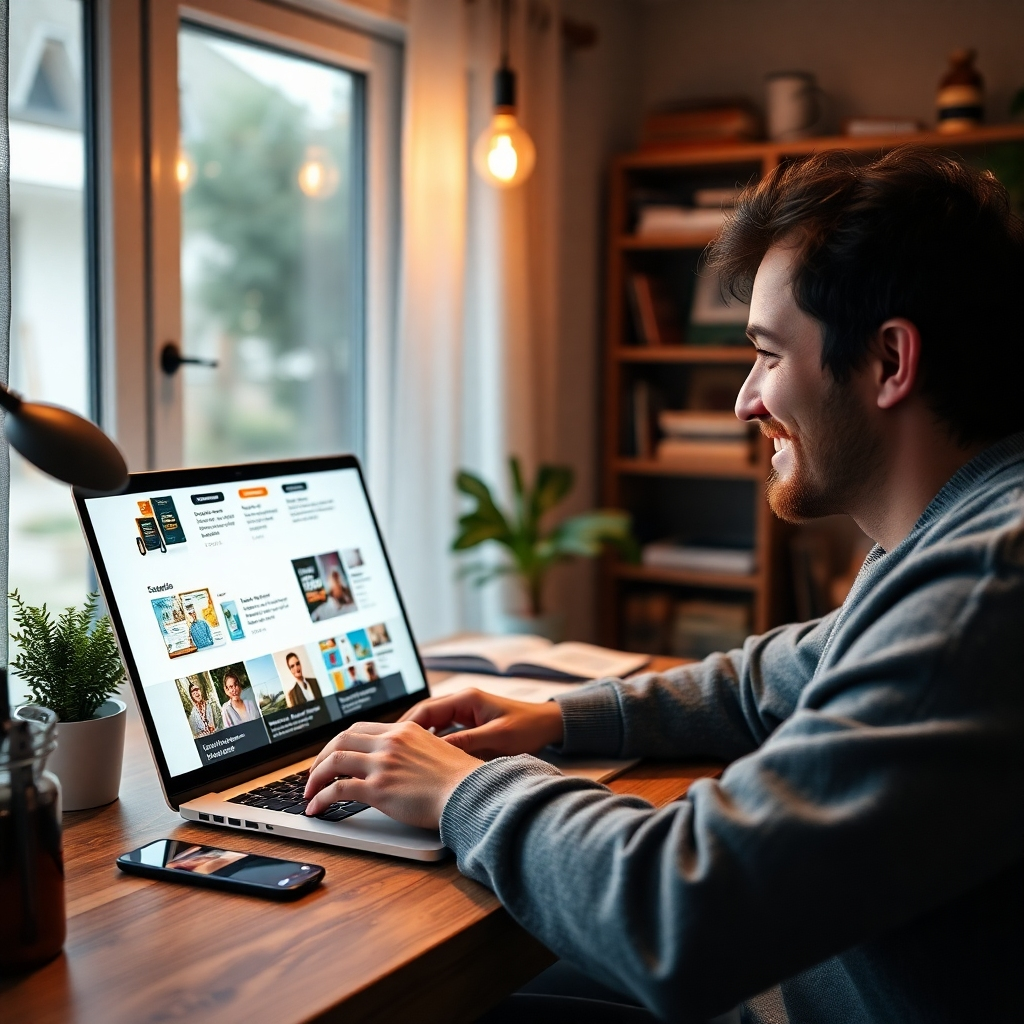 A photorealistic image of a person happily working on a laptop in a cozy home office. On the screen, a landing page showcases different digital products (e.g., e-books, online courses) with attractive visuals and customer testimonials. The atmosphere should be calm, productive, and inspiring.