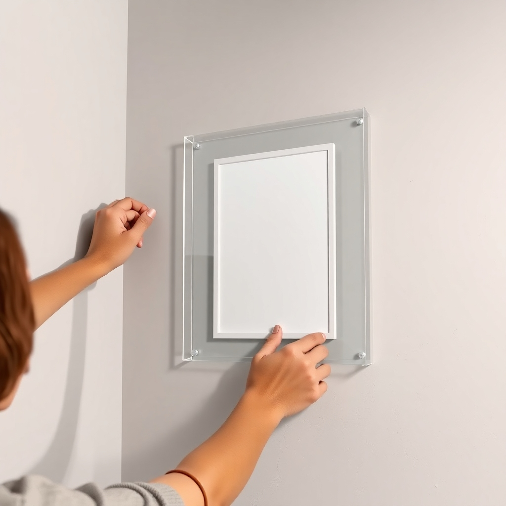 A photorealistic image of a person gently hanging a modern acrylic picture frame onto a wall, ensuring it's straight and securely attached. The frame should be elegant and the wall should be clean and nicely painted.  Highlight the ease and final result of the installation.