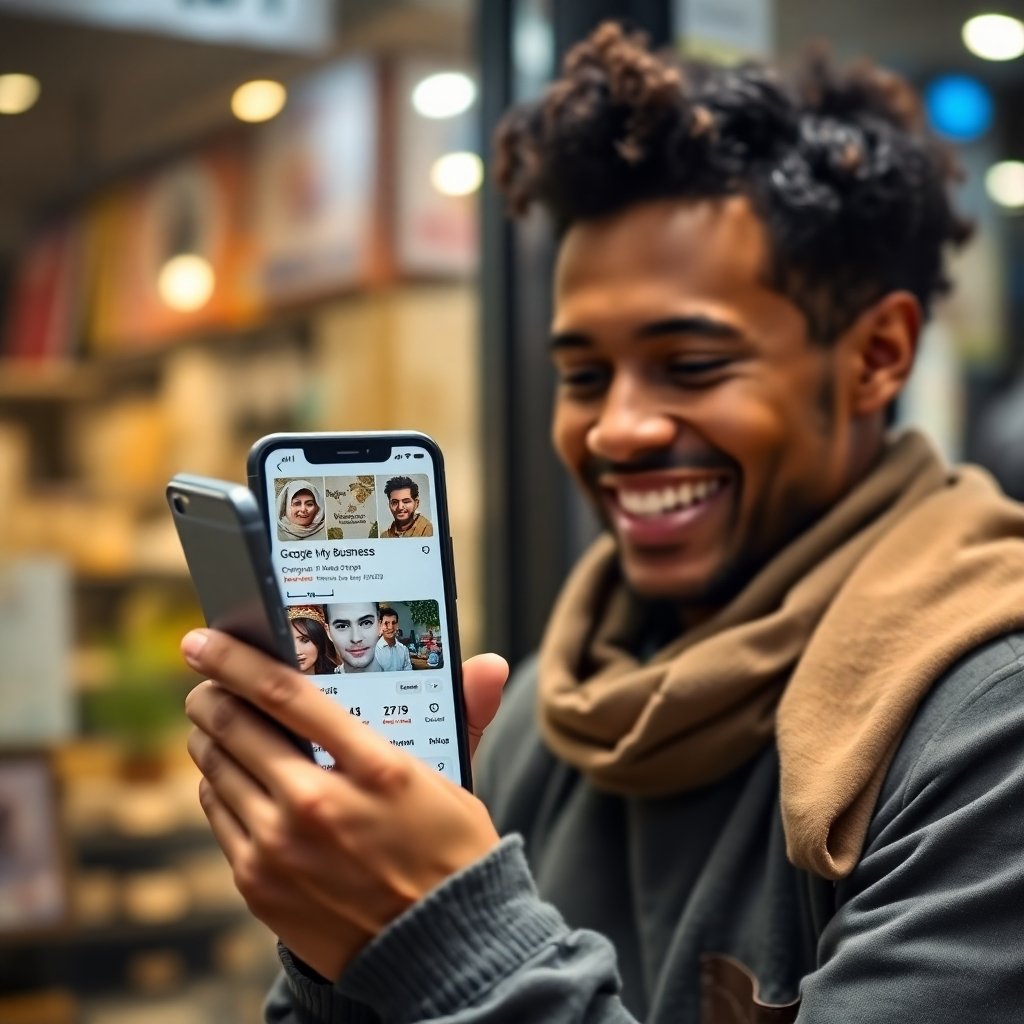 A photorealistic image of a person smiling and looking at a smartphone showing a Google My Business profile.  The background should show a blurred but recognizable image of the person's shop or business, suggesting connection to the online profile.  The image must convey the ease and success of connecting with customers.